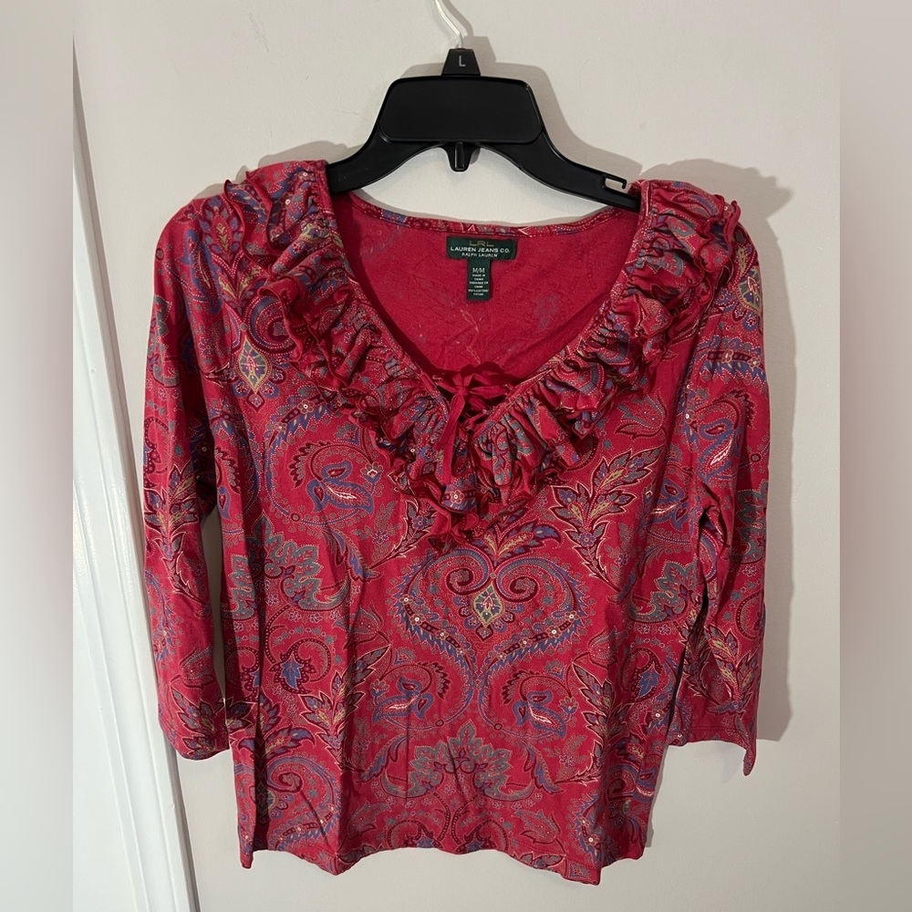 Vintage Lauren Ralph Lauren V-Neck Ruffle Paisley top